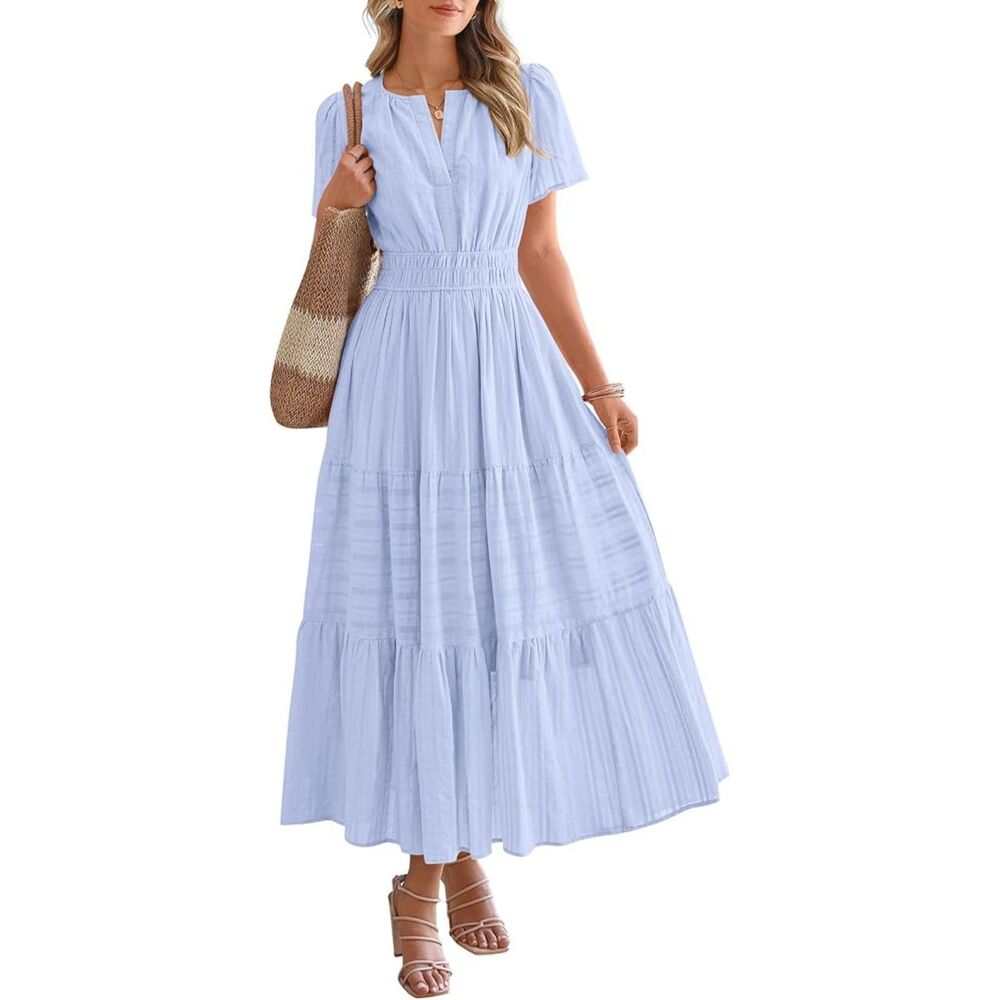 Women's Light Blue V Neck Short Sleeve A Line Summer Casual Maxi Dress Pockets